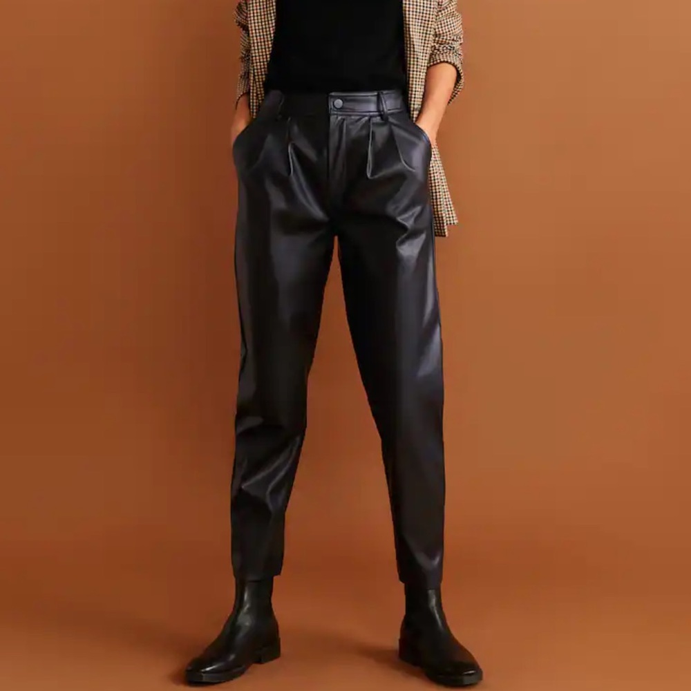 Mango Dart High Waist Faux Leather Pants 6 Black Gem